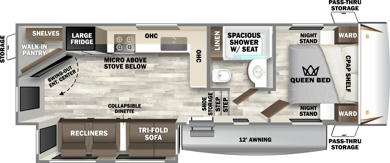 The 25RLS has one slideout and one entry. Exterior features front pass-through storage, 12 foot awning, and rear storage. Interior layout front to back: foot-facing queen bed with c-pap shelf, and wardrobes with nightstands on each side; off-door side full bathroom with linen closet and shower with seat; steps down to main living area and entry with shoe storage; kitchen counter with overhead cabinet wraps from inner wall to off-door side with sink, microwave, cooktop stove, refrigerator, and rear swing-out entertainment center with hidden walk-in pantry with shelves behind; door side slideout with tri-fold sofa, collapsible dinette, and recliners.